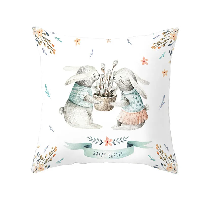 Happy Easter Word Pillow Cover Cute Bunny Cushion Cover Garland Print Pillowcase