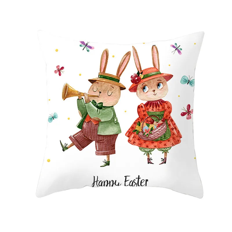 Happy Easter Word Pillow Cover Cute Bunny Cushion Cover Garland Print Pillowcase