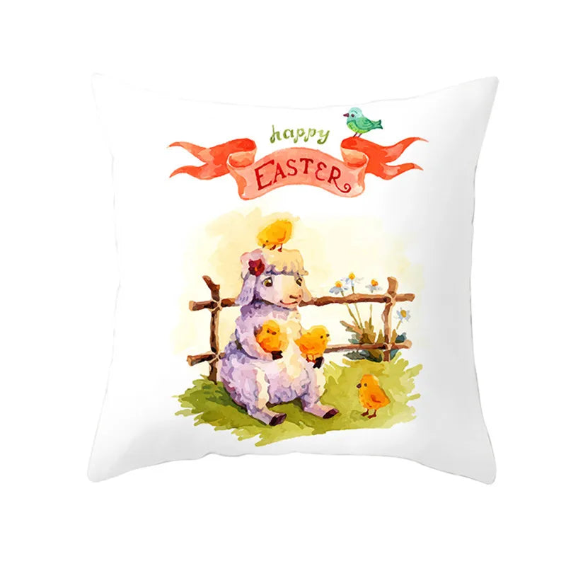Happy Easter Word Pillow Cover Cute Bunny Cushion Cover Garland Print Pillowcase