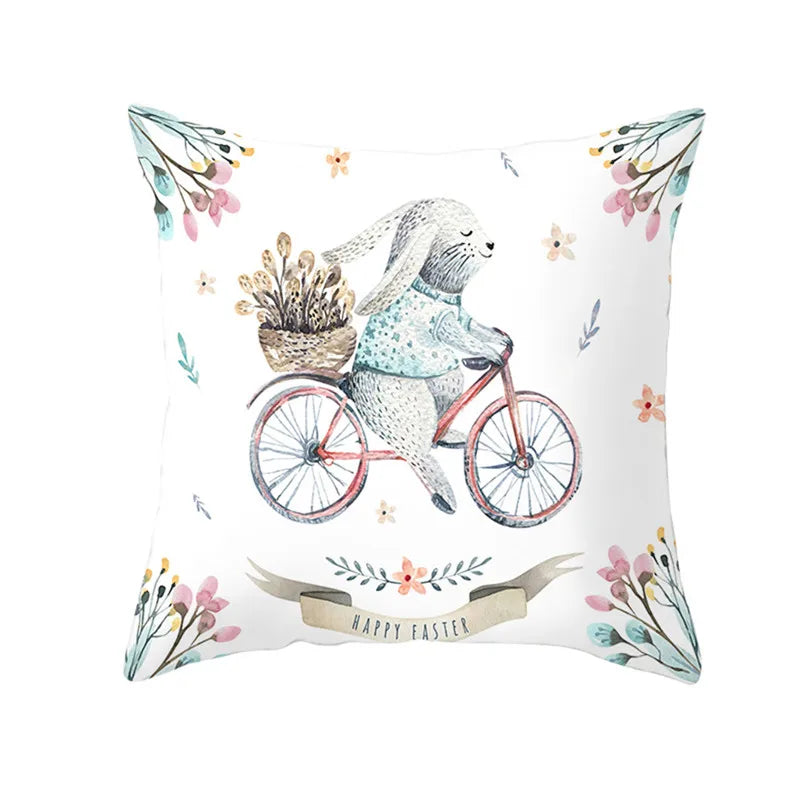 Happy Easter Word Pillow Cover Cute Bunny Cushion Cover Garland Print Pillowcase