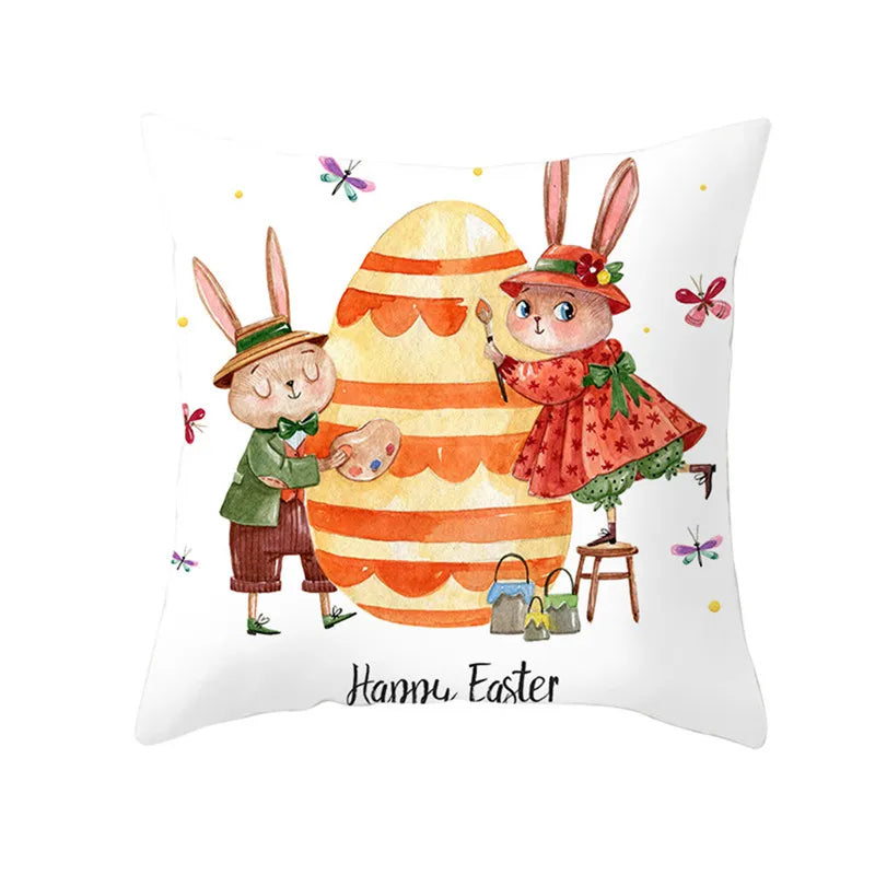 Happy Easter Word Pillow Cover Cute Bunny Cushion Cover Garland Print Pillowcase