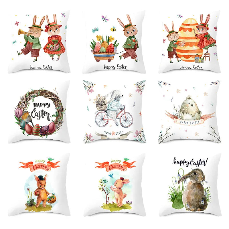 Happy Easter Word Pillow Cover Cute Bunny Cushion Cover Garland Print Pillowcase