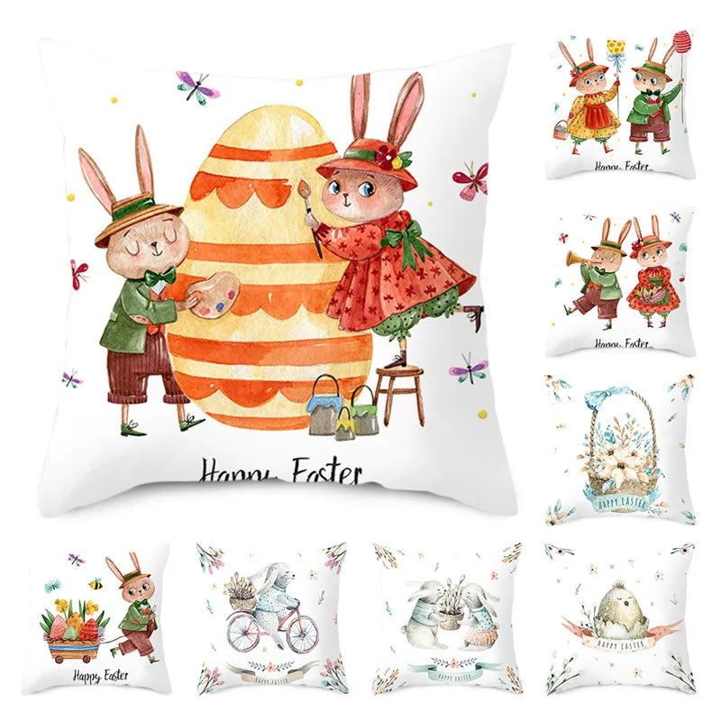 Happy Easter Word Pillow Cover Cute Bunny Cushion Cover Garland Print Pillowcase