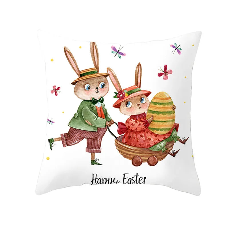 Happy Easter Word Pillow Cover Cute Bunny Cushion Cover Garland Print Pillowcase