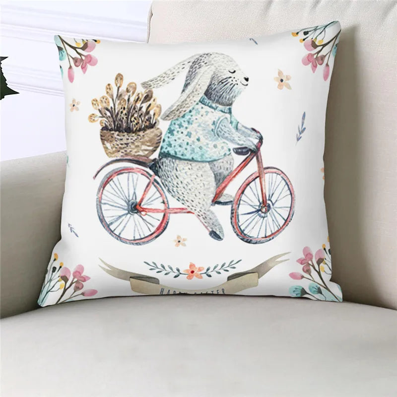 Happy Easter Word Pillow Cover Cute Bunny Cushion Cover Garland Print Pillowcase