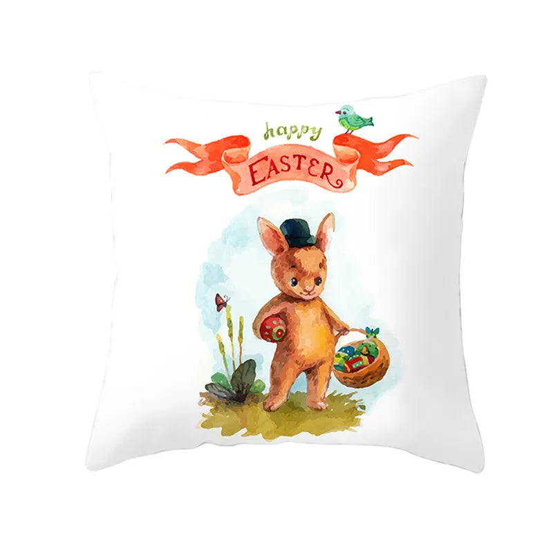 Happy Easter Word Pillow Cover Cute Bunny Cushion Cover Garland Print Pillowcase