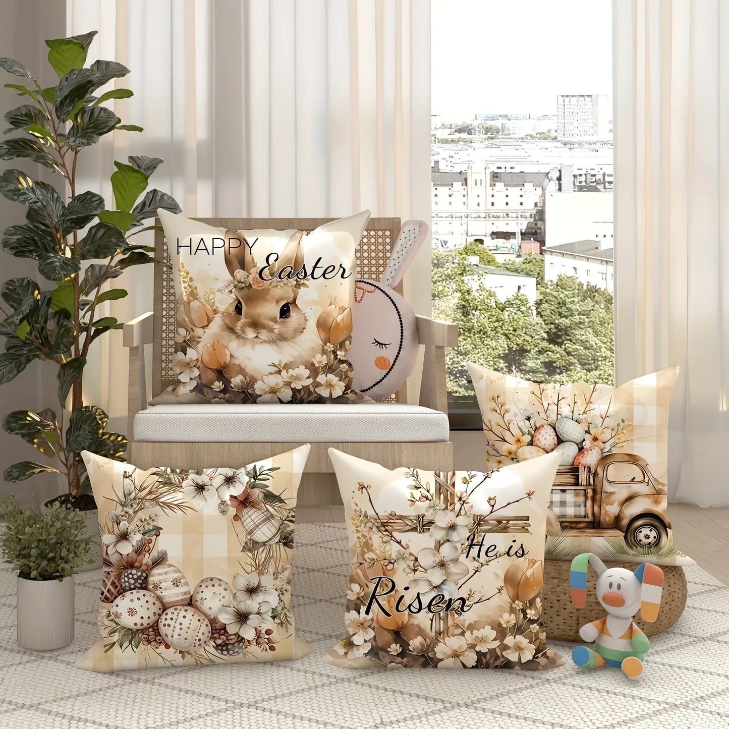 Happy Easter decoration pillow cover Rabbit flower truck and Egg pattern design Sofa cushion cover home room decoration