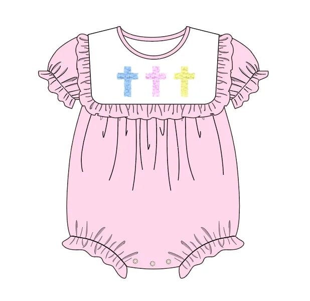 Easter Boutique Short Sleeve T-shirt Round Neck Cross French Knot Girl Dress Pink Romper Boy Blue Top Clothes And Lattice Pants