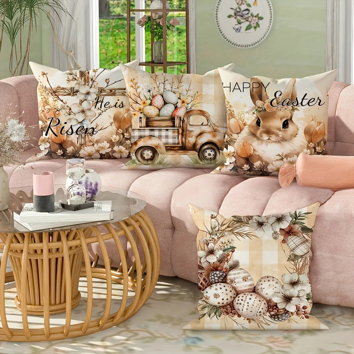 Happy Easter decoration pillow cover Rabbit flower truck and Egg pattern design Sofa cushion cover home room decoration