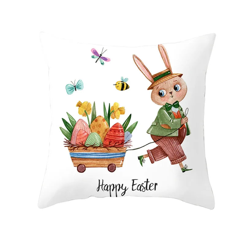 Happy Easter Word Pillow Cover Cute Bunny Cushion Cover Garland Print Pillowcase