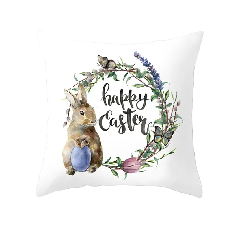 Happy Easter Word Pillow Cover Cute Bunny Cushion Cover Garland Print Pillowcase