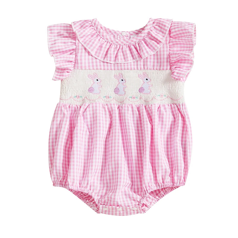 Easter Bunny Embroidered Romper with Ruffle Collar and Smocked Bodice - Adorable Short Sleeve Newborn Outfit for Baby Girl