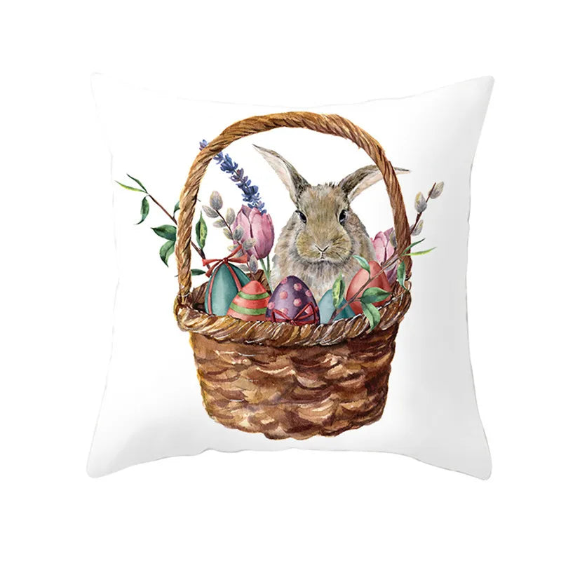 Happy Easter Word Pillow Cover Cute Bunny Cushion Cover Garland Print Pillowcase