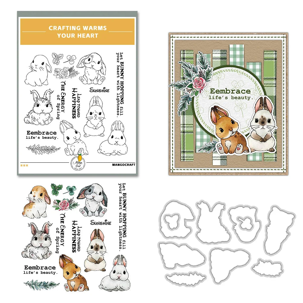 Mangocraft Cute Easter Series Rabbits Bunny Cutting Dies Clear Stamp DIY Scrapbooking Metal Dies Silicone Stamp For Cards Albums