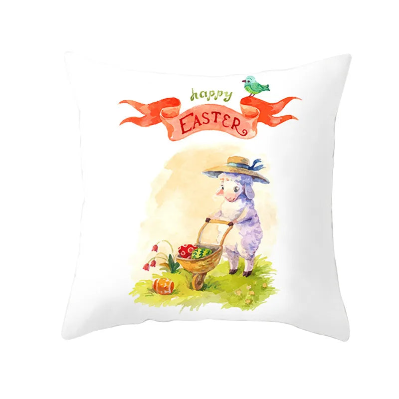 Happy Easter Word Pillow Cover Cute Bunny Cushion Cover Garland Print Pillowcase