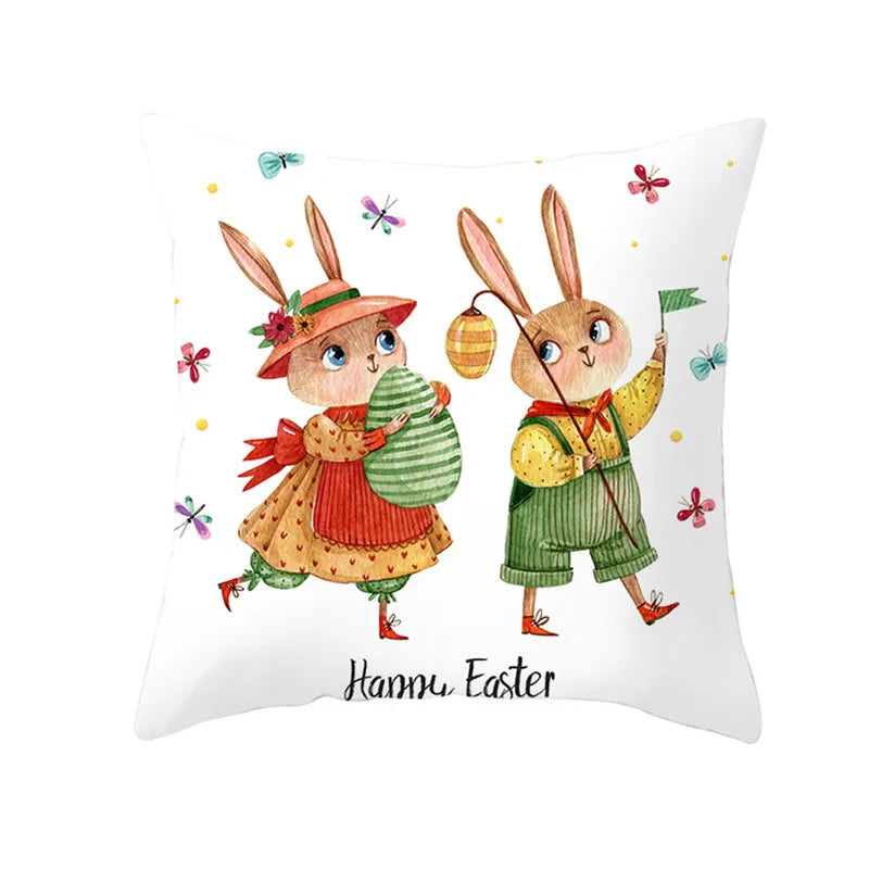 Happy Easter Word Pillow Cover Cute Bunny Cushion Cover Garland Print Pillowcase