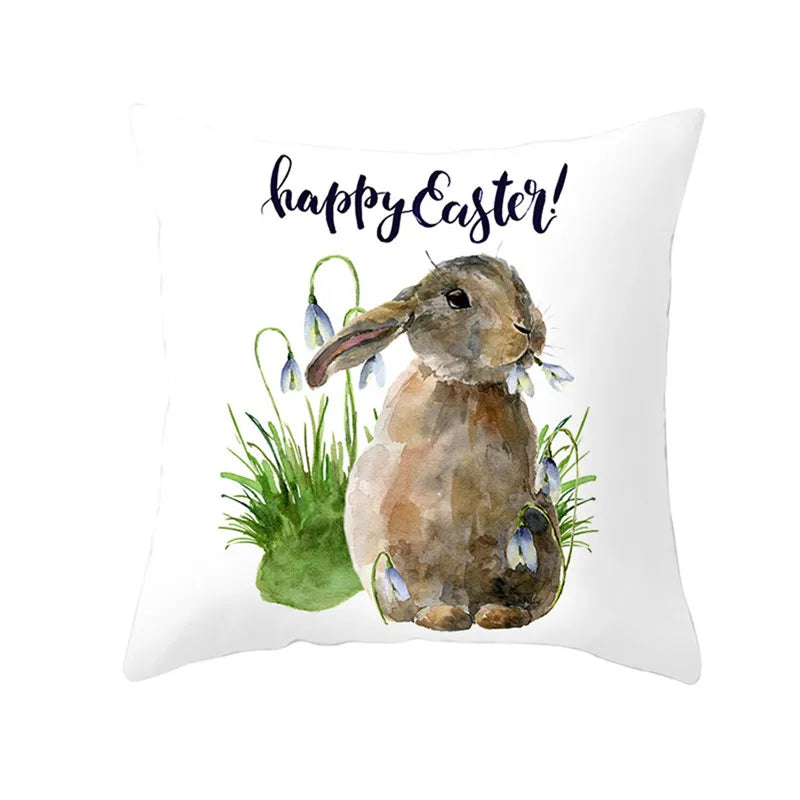 Happy Easter Word Pillow Cover Cute Bunny Cushion Cover Garland Print Pillowcase