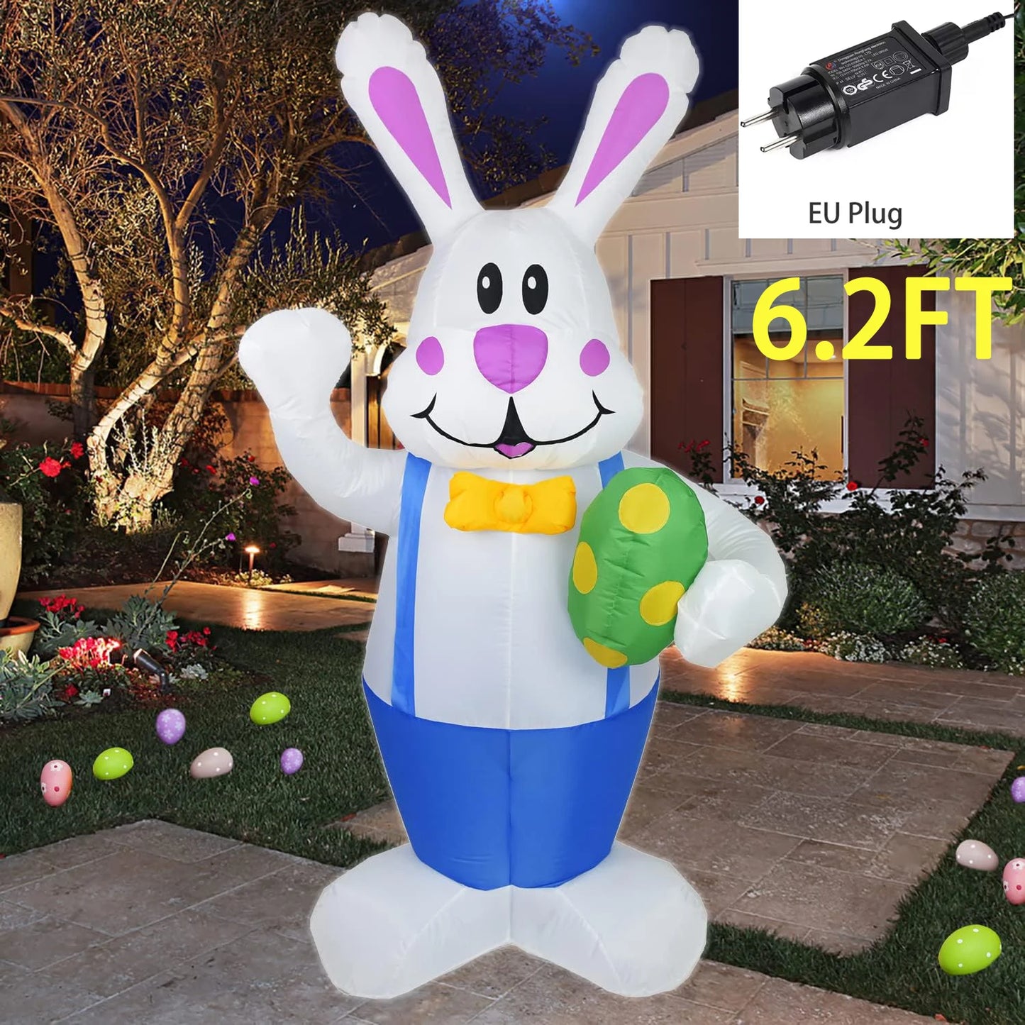 6.2FT Blue Bunny Inflatable Easter Inflatables Decorations LED Lights Blow Up Yard Decorations Indoor Outdoor Garden Decorations