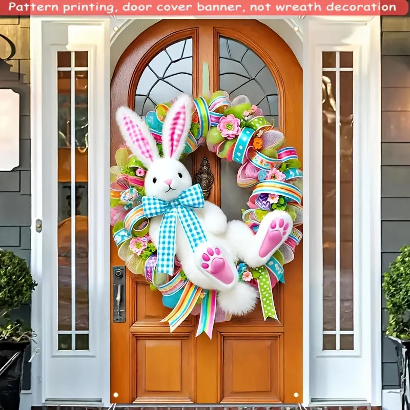 1PC, HEGO Easter Bunny Garland - Polyester simulated plush rabbit door cover for indoor/outdoor spring holiday decorations