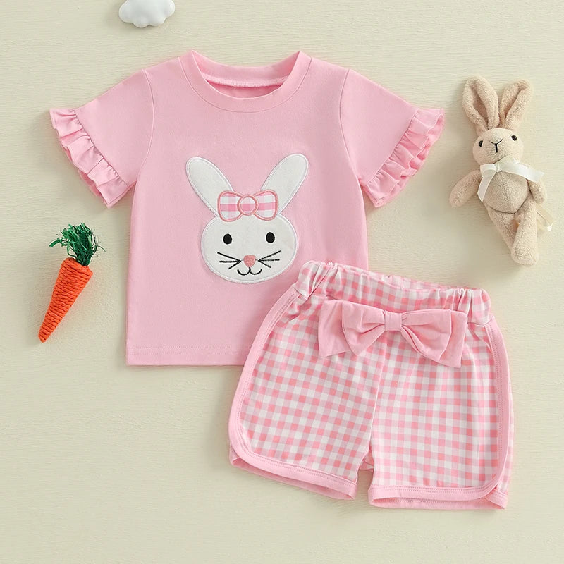 Adorable Toddler Girls Easter Outfits with Bunny Embroidery and Plaid Shorts - 2 Piece Set for Spring Style