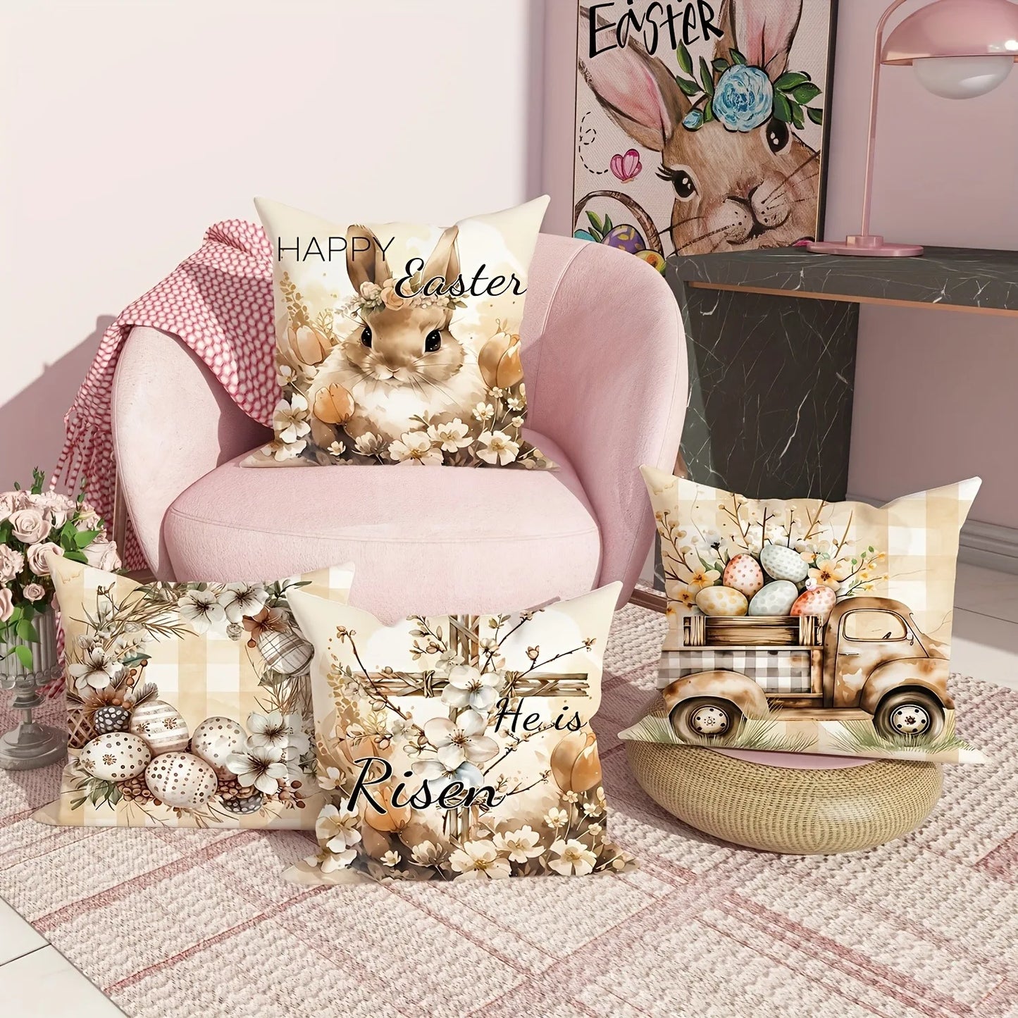 Happy Easter decoration pillow cover Rabbit flower truck and Egg pattern design Sofa cushion cover home room decoration