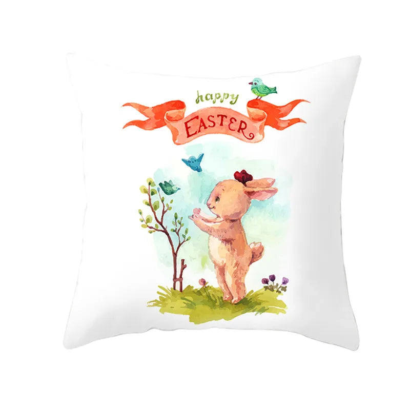 Happy Easter Word Pillow Cover Cute Bunny Cushion Cover Garland Print Pillowcase