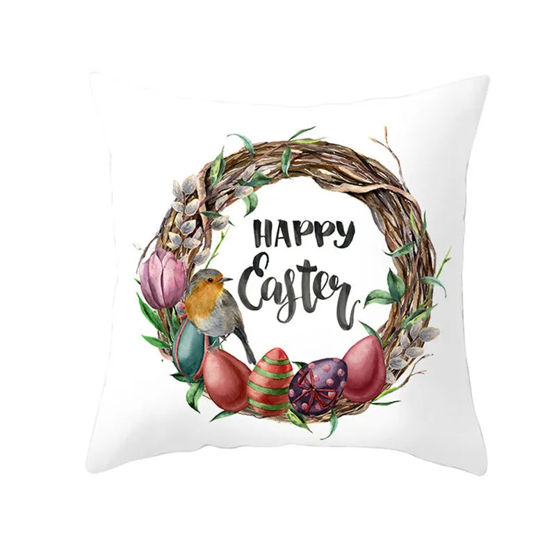 Happy Easter Word Pillow Cover Cute Bunny Cushion Cover Garland Print Pillowcase