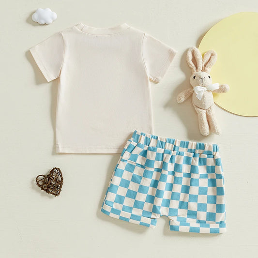 Baby Boys Easter Outfit Short Sleeve Bunny Print Top and Plaid Shorts Set with Matching Bowtie and Suspenders