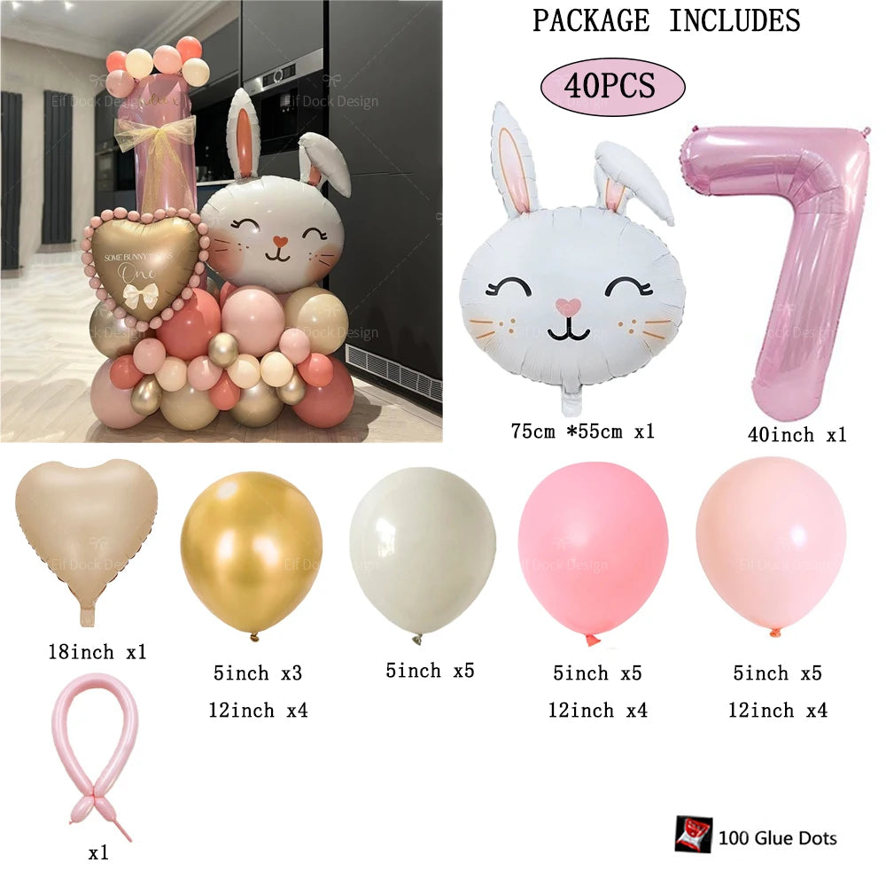 40pcs Easter Themed Cute Rabbit Foil Balloon 40inch Pink Number 1-9 Balloon Set for Girl Birthday Party Decoration Baby Shower
