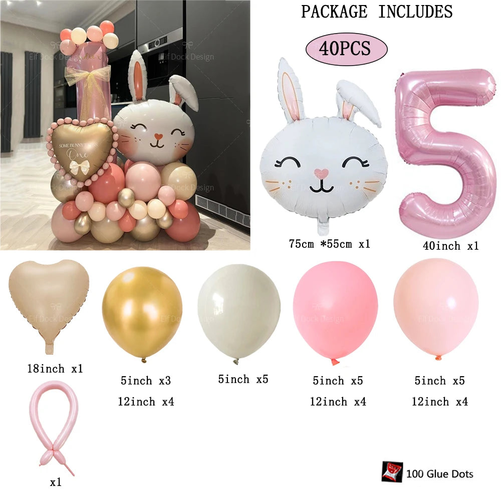 40pcs Easter Themed Cute Rabbit Foil Balloon 40inch Pink Number 1-9 Balloon Set for Girl Birthday Party Decoration Baby Shower