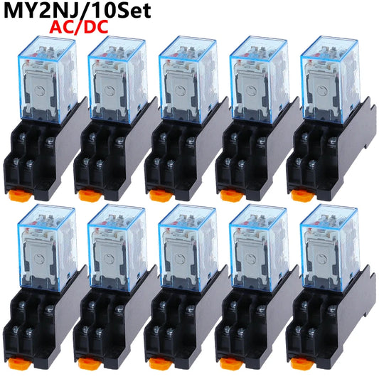 10Set MY2P HH52P MY2NJ 12V 24V DC / 110V 220V AC coil general purpose DPDT micro mini relay with socket base