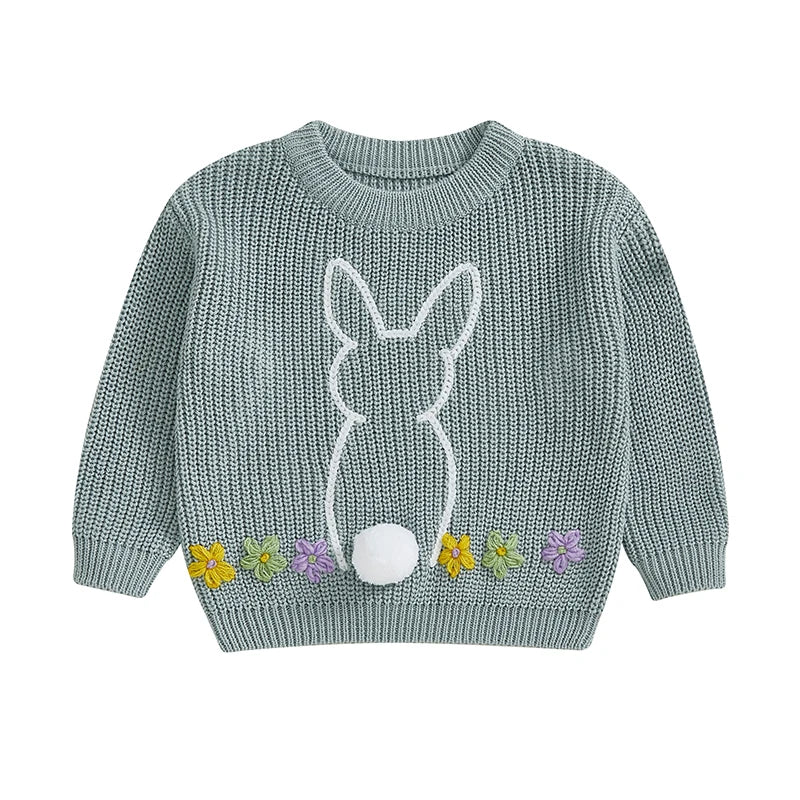 Baby Girls Sweater Easter Clothes Rabbit Flower Embroidery Crew Neck Long Sleeve Pullovers Tops Toddlers Knitwears for 0-3Y