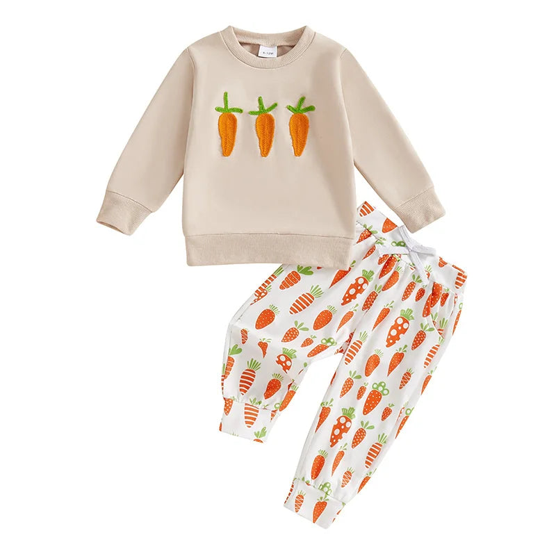Baby Boy Easter Clothes Long Sleeve Round Neck Sweatshirt with Bunny Pattern Long Pants 2 Piece Set for Toddler Boys
