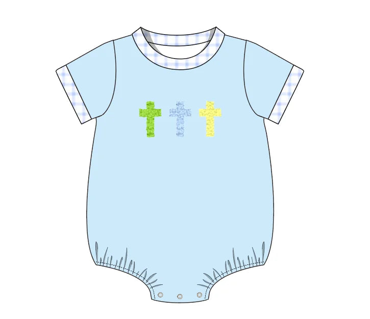 Easter Boutique Short Sleeve T-shirt Round Neck Cross French Knot Girl Dress Pink Romper Boy Blue Top Clothes And Lattice Pants