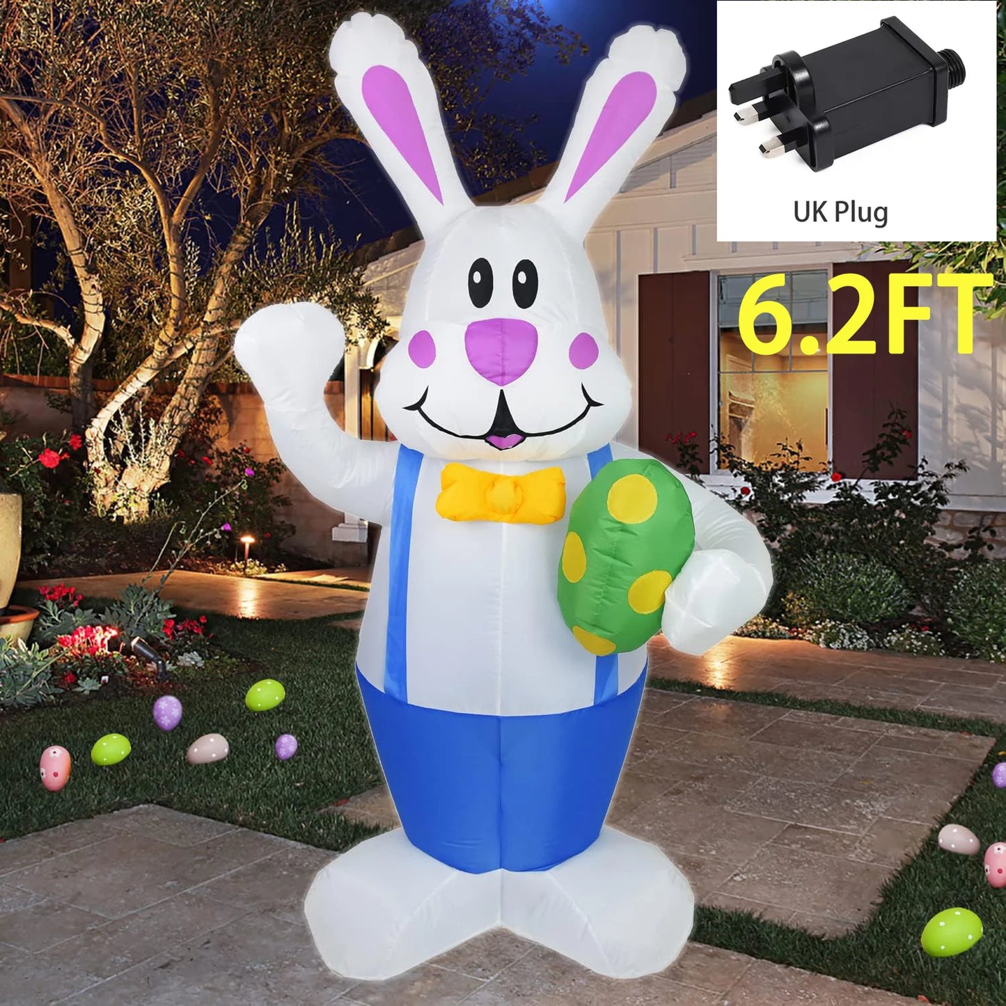 6.2FT Blue Bunny Inflatable Easter Inflatables Decorations LED Lights Blow Up Yard Decorations Indoor Outdoor Garden Decorations