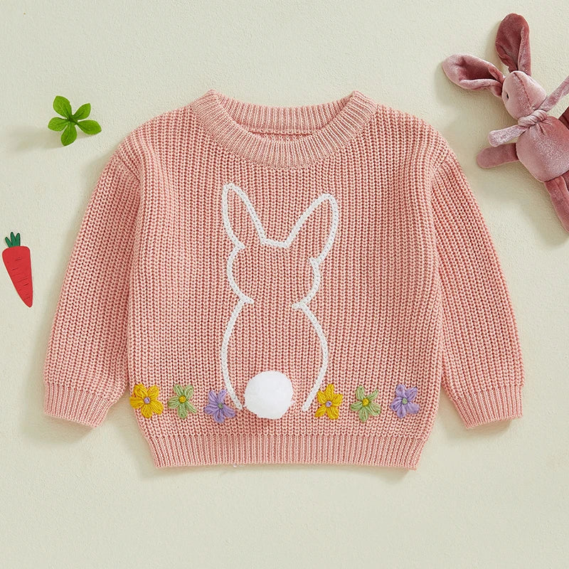 Baby Girls Sweater Easter Clothes Rabbit Flower Embroidery Crew Neck Long Sleeve Pullovers Tops Toddlers Knitwears for 0-3Y