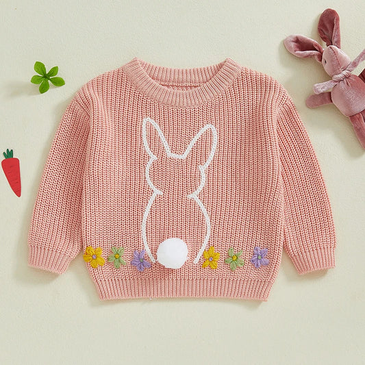 Baby Girls Sweater Easter Clothes Rabbit Flower Embroidery Crew Neck Long Sleeve Pullovers Tops Toddlers Knitwears for 0-3Y