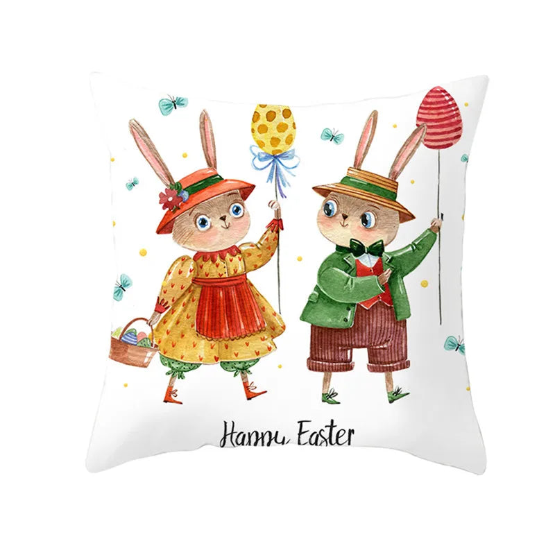 Happy Easter Word Pillow Cover Cute Bunny Cushion Cover Garland Print Pillowcase