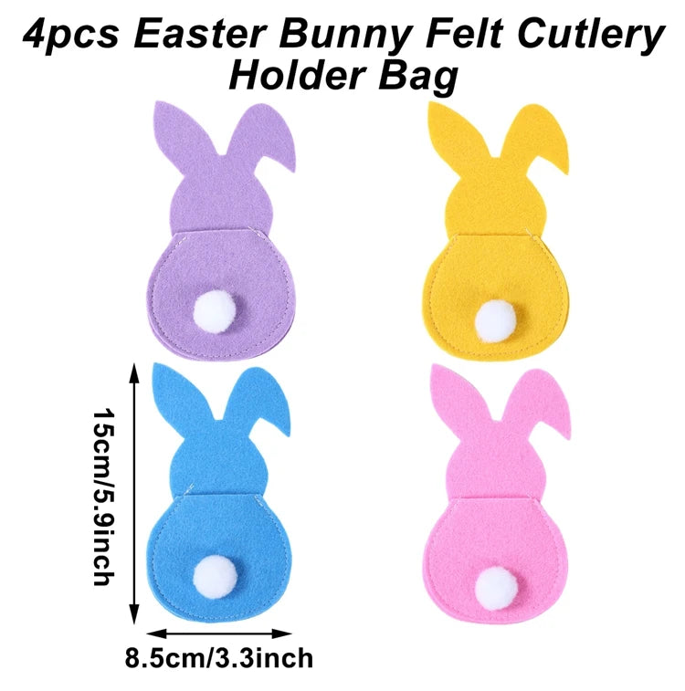 4pcs Felt Bunny Rabbit Knife Fork Holder Bags Easter Cutlery Bag Tableware Spring Easter Festival Party Home Table Decorations