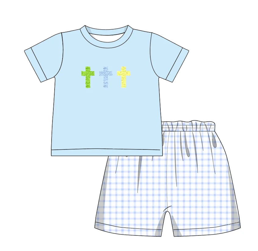 Easter Boutique Short Sleeve T-shirt Round Neck Cross French Knot Girl Dress Pink Romper Boy Blue Top Clothes And Lattice Pants