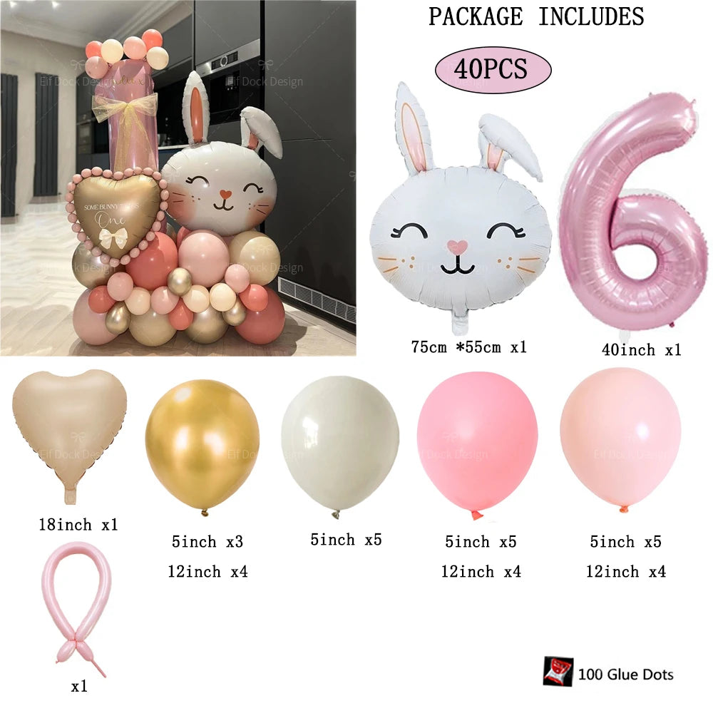 40pcs Easter Themed Cute Rabbit Foil Balloon 40inch Pink Number 1-9 Balloon Set for Girl Birthday Party Decoration Baby Shower