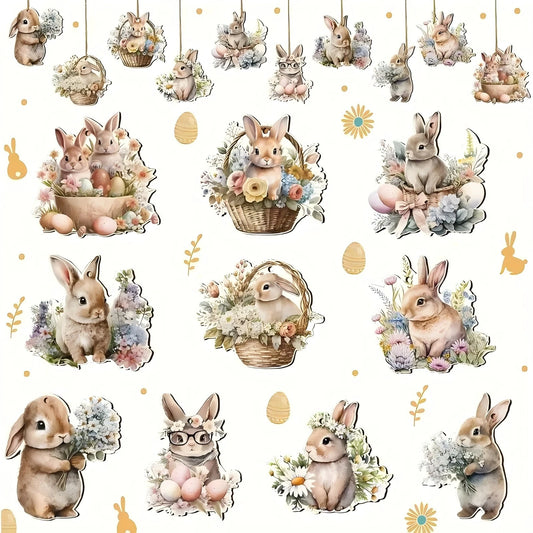20pcs/set rabbit flower pattern pendant, wooden Easter ornament, home party decoration, outdoor party decoration