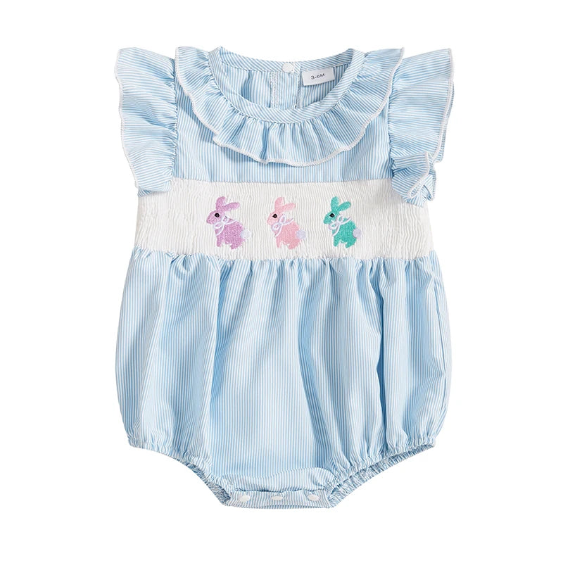 Easter Bunny Embroidered Romper with Ruffle Collar and Smocked Bodice - Adorable Short Sleeve Newborn Outfit for Baby Girl