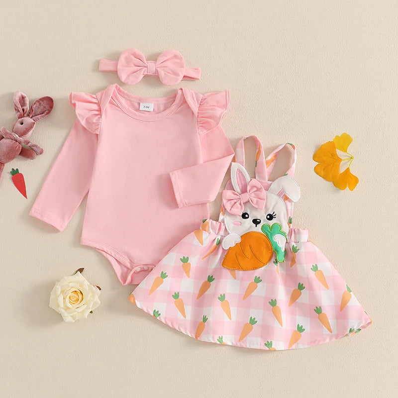 Adorable Baby Girl Easter Outfit with Bunny Applique Ruffle Romper Suspender Skirt and Bow Headband - 3 Piece Spring Set