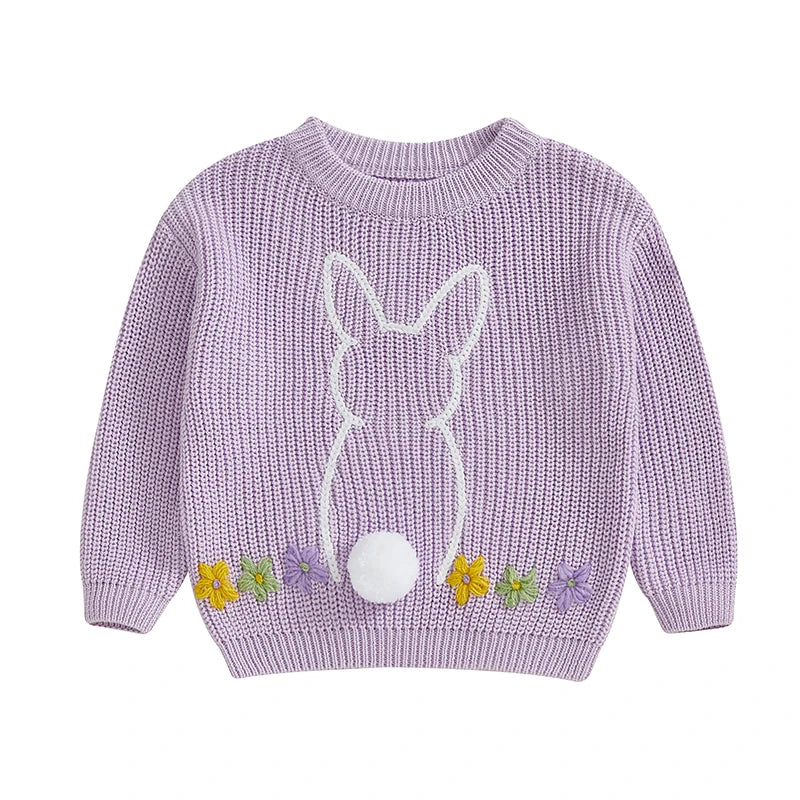 Baby Girls Sweater Easter Clothes Rabbit Flower Embroidery Crew Neck Long Sleeve Pullovers Tops Toddlers Knitwears for 0-3Y