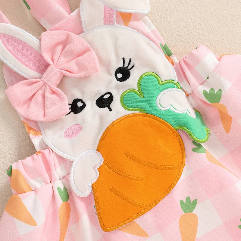 Adorable Baby Girl Easter Outfit with Bunny Applique Ruffle Romper Suspender Skirt and Bow Headband - 3 Piece Spring Set