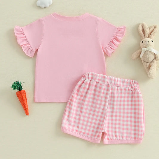 Adorable Toddler Girls Easter Outfits with Bunny Embroidery and Plaid Shorts - 2 Piece Set for Spring Style