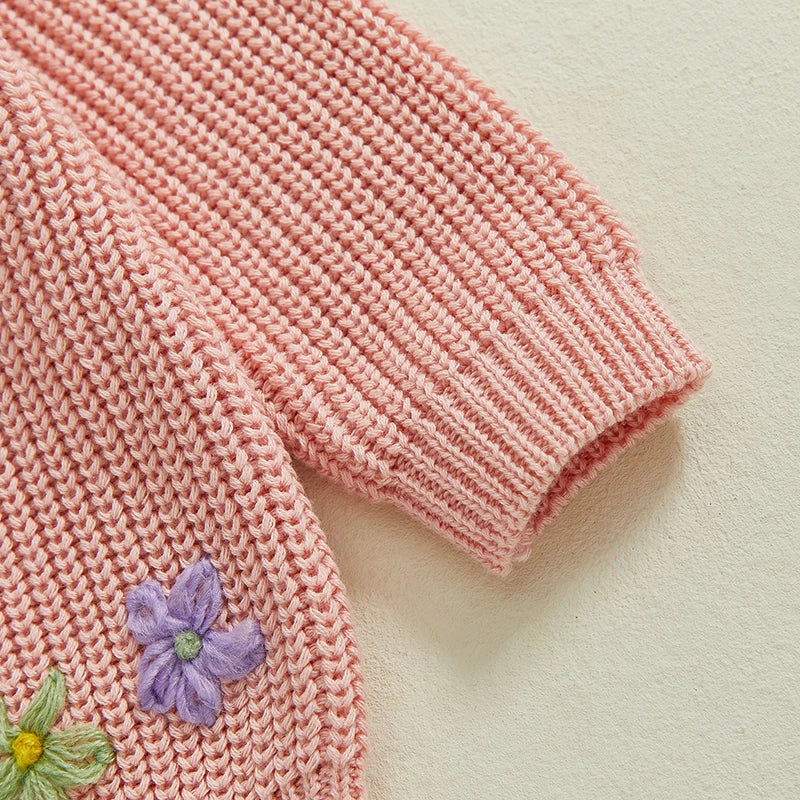 Baby Girls Sweater Easter Clothes Rabbit Flower Embroidery Crew Neck Long Sleeve Pullovers Tops Toddlers Knitwears for 0-3Y