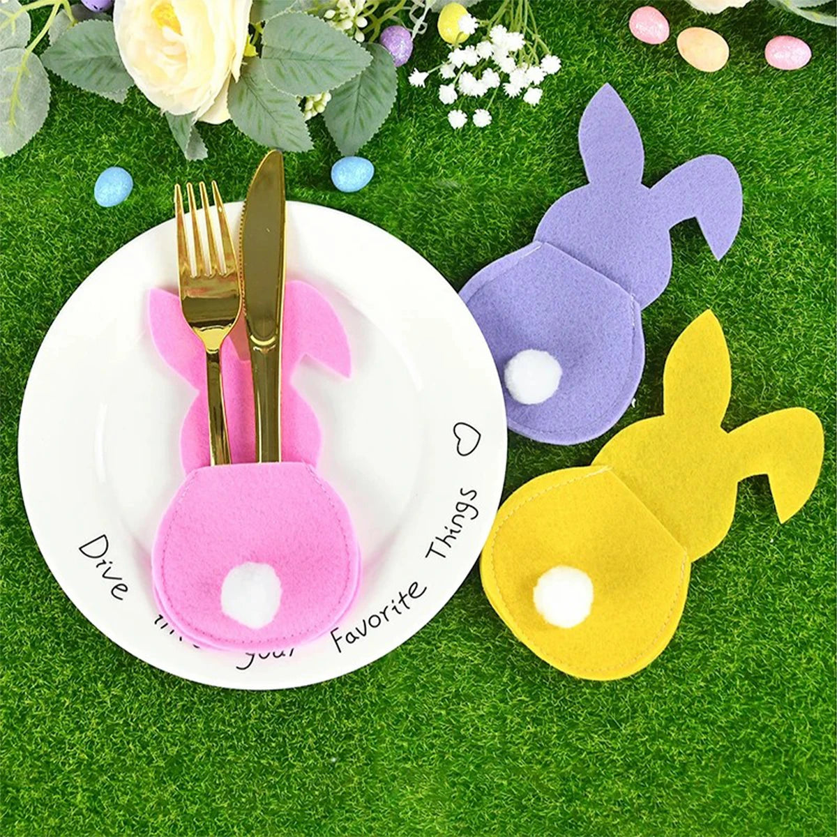 4pcs Felt Bunny Rabbit Knife Fork Holder Bags Easter Cutlery Bag Tableware Spring Easter Festival Party Home Table Decorations