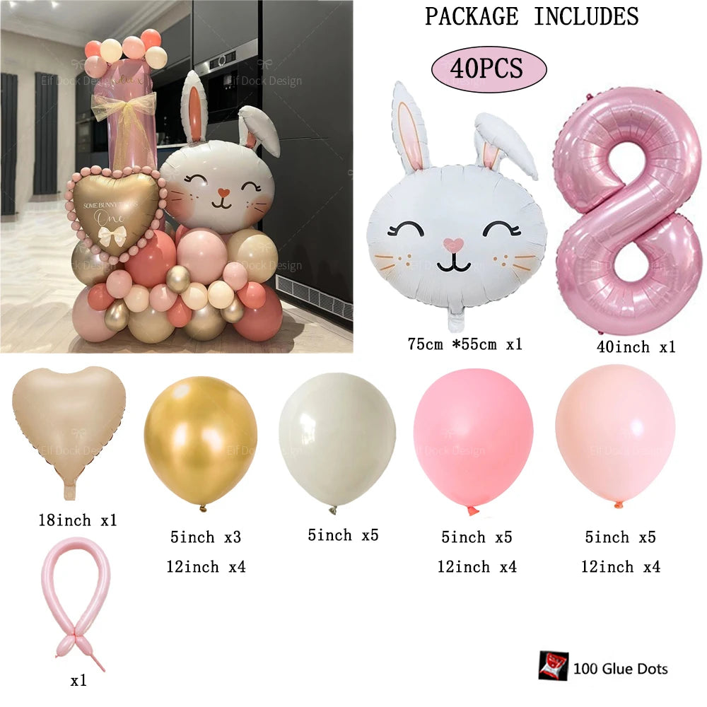 40pcs Easter Themed Cute Rabbit Foil Balloon 40inch Pink Number 1-9 Balloon Set for Girl Birthday Party Decoration Baby Shower